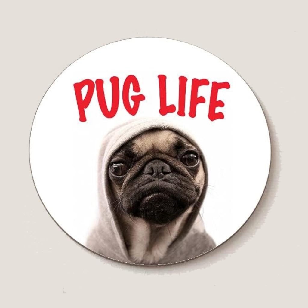 BigBazza Round Circle Wood Gift Coaster Coffee Tea Office Kitchen Novelty Cup Work Mug - Puglife Dog Pug Cute Puppy