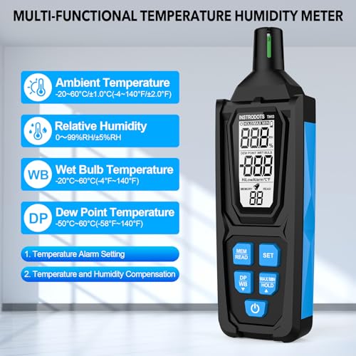 Image of Temperature Humidity Meter, High Precision Digital Psychrometer Hygrometer with Dew Point, Wet Bulb Thermometer for Indoor Outdoor, 99 Data Storage, Temp Alarm, Backlight, MAX /MIN, Auto Shutdown