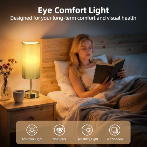Image of Bedside Table Lamp, Dimmable Touch, AC Outlet, USB A+C (Gold) | 3-Way Dimmable, Small Touch Lamp with Eye-Care LED Bulb, Ideal Soft Lighting for Nightstand, Bedroom, Reading, Living Room