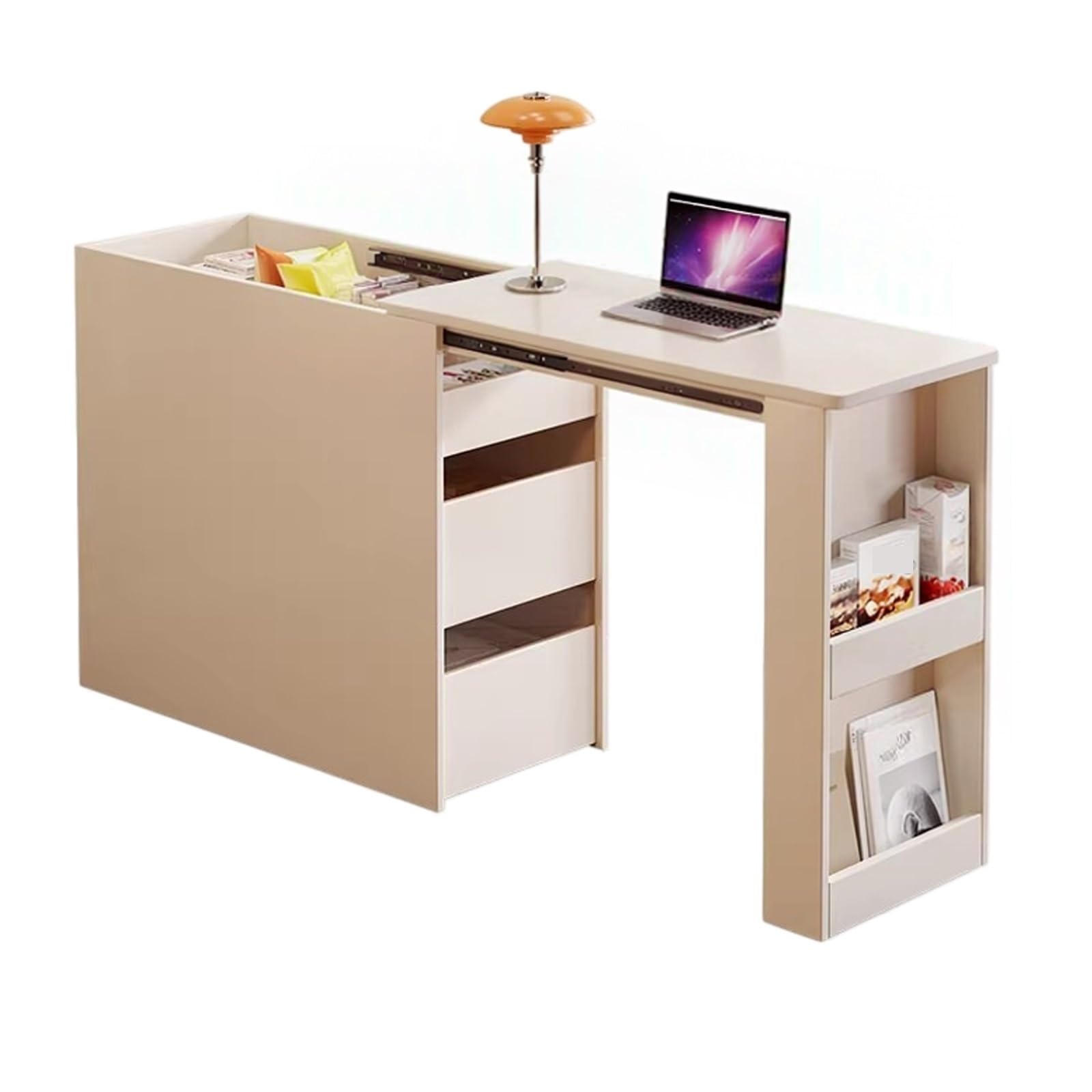Carrello da cucina Scrivania estensibile for isola da cucina con ripiano nascosto estraibile(White,L)
