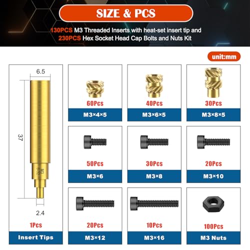 Image of 361Pcs M3 Heat Set Insert with Screws & Insert Tips Brass Threaded Inserts Female Knurled Nuts Assortment Kit for Plastic and 3D Printing Components
