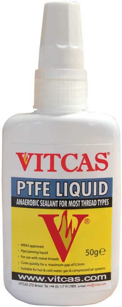 VITCAS- 50g PTFE Liquid-Anaerobic Pipe Thread Sealant, Industrial Adhesive Pipe Joining Liquid use with Metal Threads, Suitable for Hot and Cold Water, Gas and Compressed Air Systems