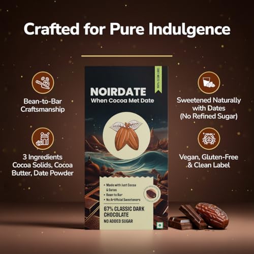 Image of NoirDate Classic Dark Chocolate - 75g, Bean to Bar, Sweetened with Dates, Refined Sugar Free, Clean Label, Healthy & Tasty Guilt-Free Indulgence, Vegan, Antioxidants Rich, (Pack Of 1)