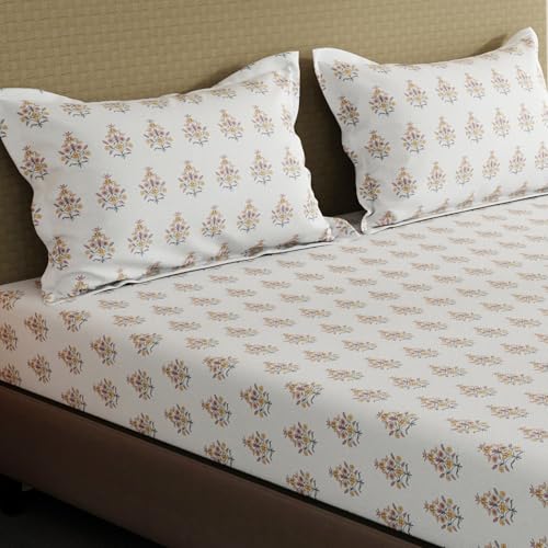 Image of Layers 100% Cotton Fitted Sheet for King Size Bed | Lumina Floret Collection | 144 TC Soft & Breathable | Floral Print with 2 Pillow Covers | Wrinkle Free & Colorfast | 3 Pc Bedding Set - White