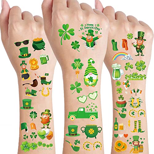St.Patrick’s Day Temporary Tattoos for Kids Women, Green Shamrock Clover Leprechaun Tattoos Stickers Waterproof Face Body Fake Tattoos for St.Patrick’s Day Party Decorations Supplies 10 Sheets
