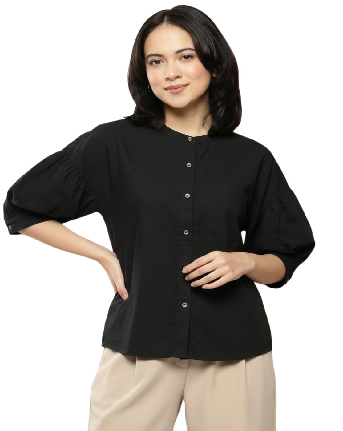 Women Black Mandarin Collar Button Down Shirt | Casual & Formal Office Wear Top-picture-55