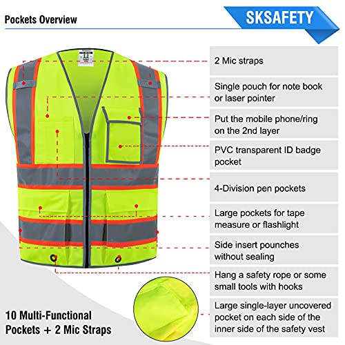 Sksafety 10 Pockets Safety Vest, Class 2 High Visibility Security With Zipper, Hi Vis Vest With Reflective Strips, Ansi/Isea Standard, Construction Work Vest For Men ＆ Women （Lime, 2Xl） #TOP5