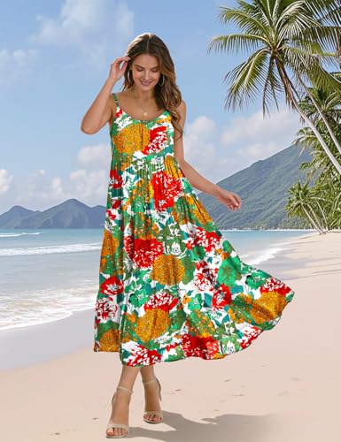 Image of YESNO Summer Bohemian Floral Dresses for Women Spaghetti Straps Maxi Dress Casual Flowy Dresses with Pockets ES0