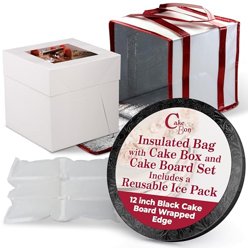 Cakebon Cake Box and Boards, 12-Inch Round Black Wrapped Edges 1/2- Inch Thick Drums with Insulated Carrier Cooler Bag and Ice Pack –Cake Transport Set for Delivery (1pc Each, 4pcs Total)