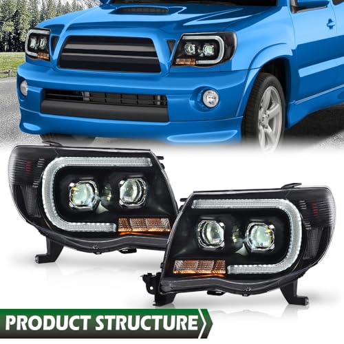 Image of GRAND ORANGE LED Tube Projector Headlights Assembly Headlamps W /o Bulbs Compatible with Toyota Tacoma 2005-2011 Clear Lens Black Housing Clear Reflector Driver & Passenger Side