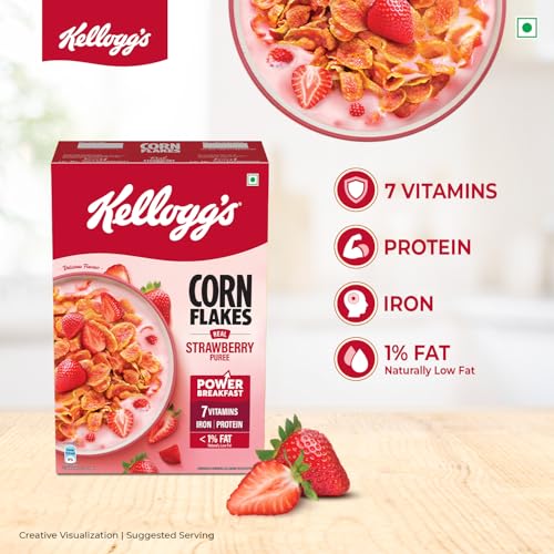 Image of Kellogg's Corn Flakes with Real Strawberry Pure | High in Iron, Vitamins B1, B2, B3, B6, C | Corn Flakes, Breakfast Cereal | Naturally Cholestrol Free, 300g / 345g (Weight May Vary) (Pack of 3)