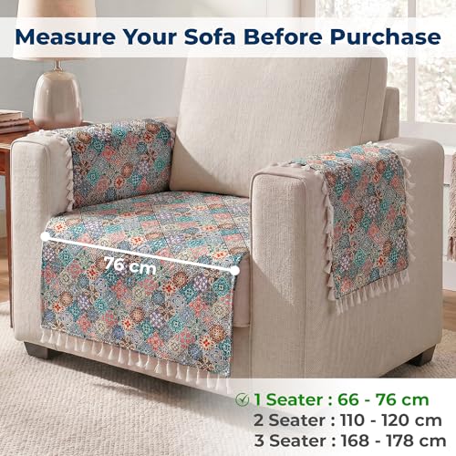 Image of Story@Home Quilted Anti Slip Sofa Cover Mat with 2 Armrest Cover, 1 Seater Velvet Sofa Protector with Tassels | Sofa Cover Mat for 1 /2 /3 Seater & L-Shape Sofa - 76 x 61 Cm - Multi Color