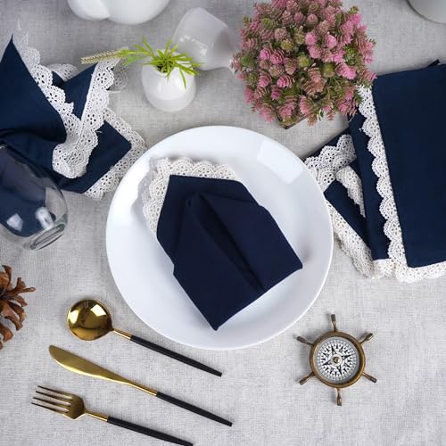 Image of FINGERCRAFT Cloth Napkins Set of 6, 20x20 Inch, Cotton Linen Blend Table Napkins with Premium White Lace Edge, Reusable Washable Dinner Napkins for Wedding, Festive Dining, Parties & Home Decor (Navy)