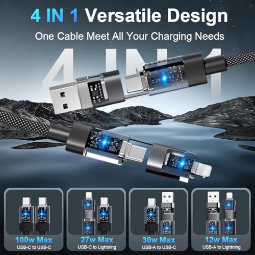 Image of Verilux 4-in-1 C Type Charger Cable with LED 1.2M /3.9Ft, PD 100W Type C Cable Fast Charging & 480Mbps Data transmission with USB /C to Lighting /C for iPhone 17 /16 /15 /14, Galaxy S25 /S24, Android, Tablet