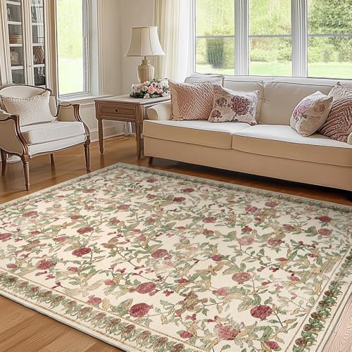 TOPICK Tappeto floreale per soggiorno, lavabile, a pelo corto, retrò, vintage, rosso, verde, romantico, 150 x 210 cm, antibatterico, pieghevole, morbido, antiscivolo, camera da letto, corridoio, bagno