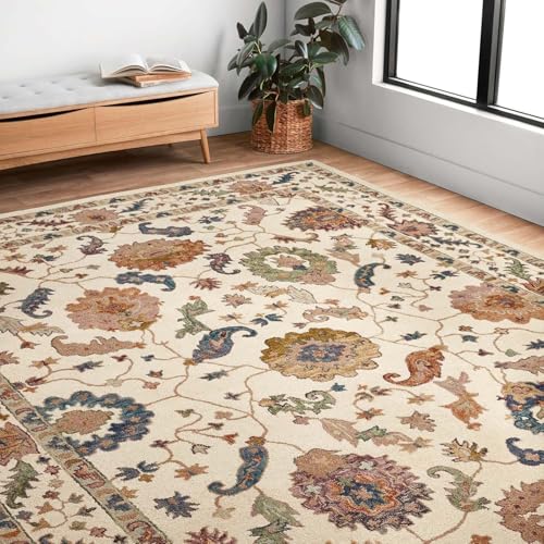 Image of Hand-Tufted Wool Carpet for Living Room 6x8 feet Ivory Multicolor Traditional Design Anti-Skid High Pile Thick Carpet & Rugs for Bedroom & Hall