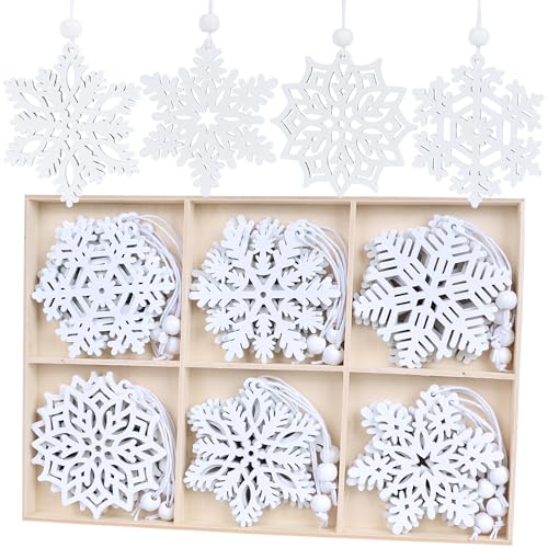 24 Pieces White Snowflakes Ornaments 3inch Wooden Christmas Tree ...