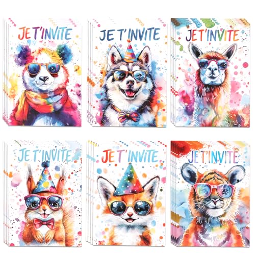 Swiftctrl 24PCS Carte Invitation Anniversaire Fille Garcon, Carte Invitation Anniversaire, Invitation Colorée pour Anniversaires d'Enfants, Animaux de la...