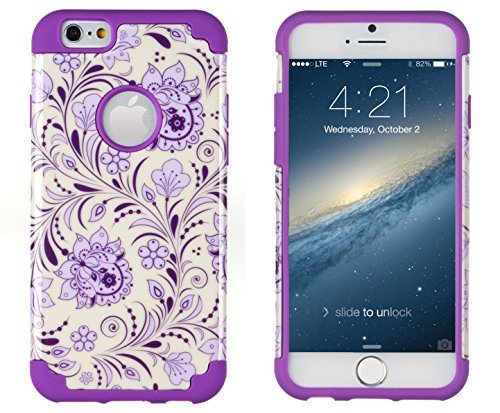 iPhone 6, DandyCase 2in1 Hybrid High Impact Hard Lavender & Cream Floral Pattern + Purple Silicone Case Cover for Apple iPhone 6 (4.7