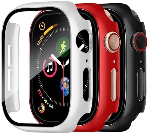 Charlam 3 Pack Case Compatible with Apple Watch Case 44mm iWatch SE SE2 SE3 Series 6 5 4 with Screen Protector, Guard Thin Bumper Full Coverage Hard Cover Defense Edge for Women Men, Black White Red
