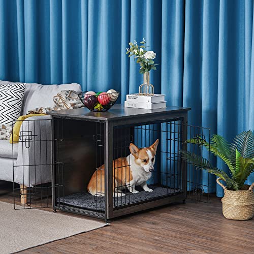 DWANTON Dog Crate Furniture with Cushion, Wooden Kennel Table with Double Doors, Indoor Dog House, Medium Size, 32.5" L, Dark Gray - Image 4
