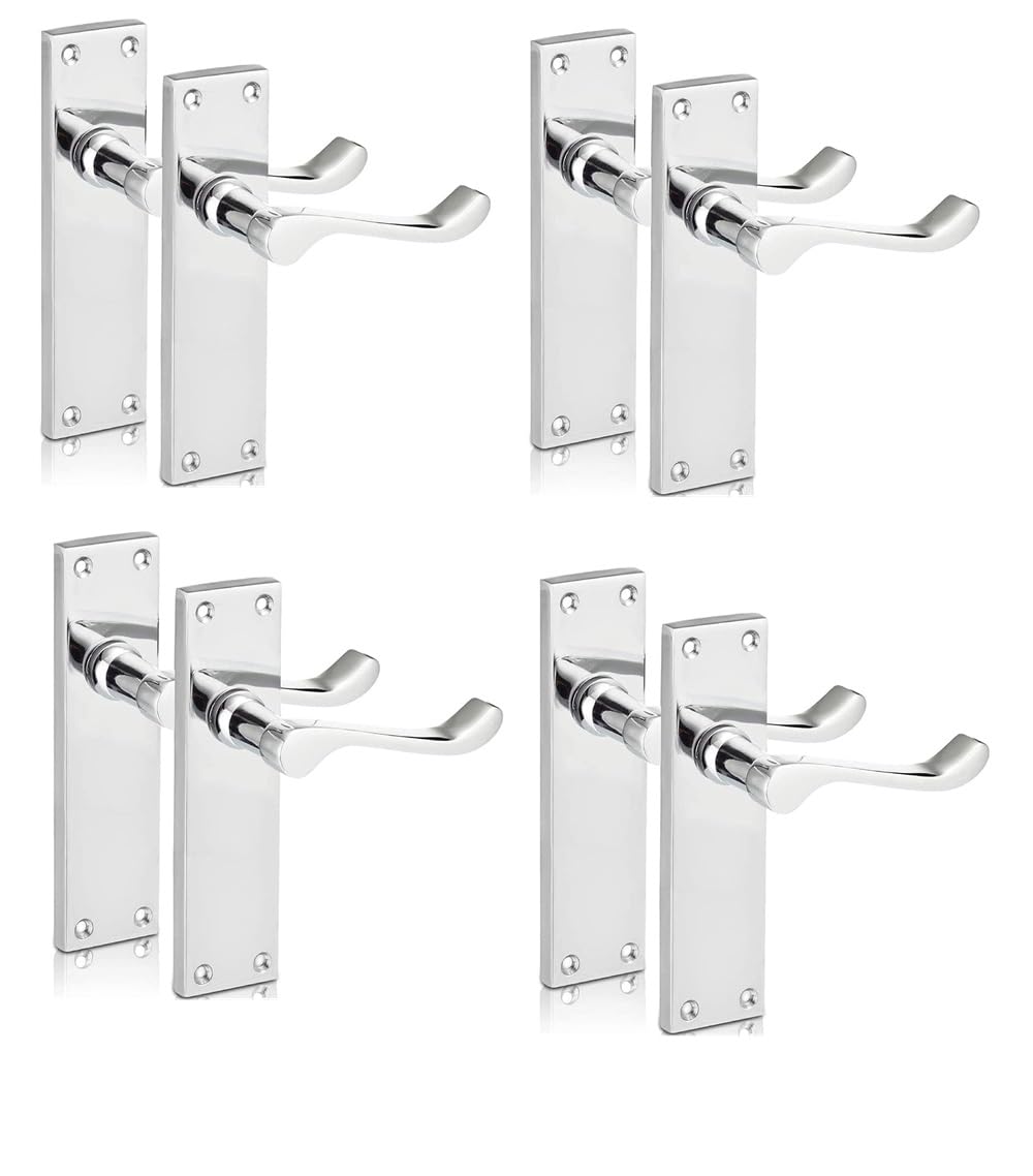 Epsom Door Handle Chrome Scroll Door Handle Set with Tubular Latches - Victorian Style Internal and External Lever Door Handles with Backplate 150mm x 42mm (4 Pair of Handles)