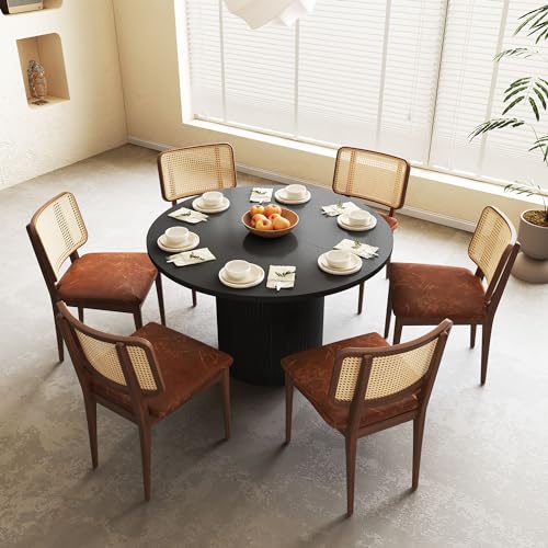 Image of QHITTY Fluted Round Dining Table, 47-inch Wood Kitchen Table for 4, Farmhouse Circle Tabl with Strip Base for Kitchen, Living Room, Black