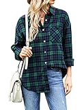 Wanzetaly Blue Green Oversized Flannel Plaid Lightweight Shirts for Women Button Down Long Sleeve Blue Green Shirts Blouse Tops(0085-BlueGreen-M)