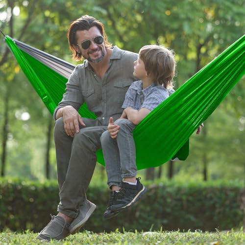 Image of Qevooon Camping Hammock with Net,Portable Lightweight Double Hammocks with Tree Straps and Solid D-Shape Carabiners,Parachute Nylon Hammock for Backpacking Beach Backyard Patio Hiking Green&Grey