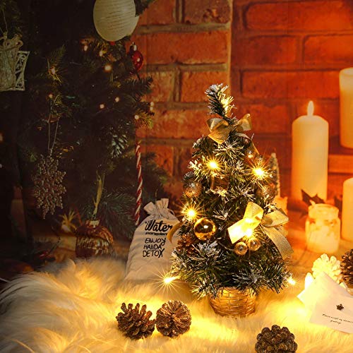 Lovimoon Kerstboom 40 cm, voorverlichte versierde kerstboom voor thuis, kerst-desktop-decoratie boom met sokkel voor huishoudtextiel, goud - Image 8