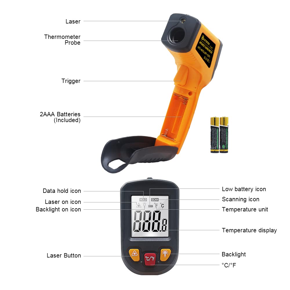 Diagram showing the dimensions of the KETOTEK KT-400Y infrared thermometer: 14.3 cm height, 7.4 cm length, 3.6 cm width.