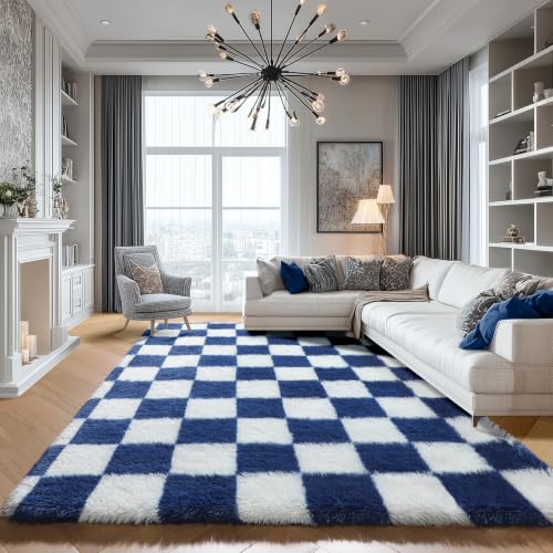Image of KICMOR Rugs for Living Room, Soft Fluffy Checkered Shag 5x8 Area Rug Large Big Fuzzy Shaggy Bedroom Plush Carpet, Navy Blue and Cream White Rug for Kids Boys Girls Dorm Nursery Home Decor Aesthetic