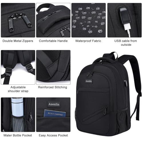 Asenlin Travel Laptop Backpack for Women & Men,Water Resistant Business Slim Sturdy Laptops Backpack with USB Charging Port,Fits 15.6 Inch Notebook College School Computer Bag-Black - image 4