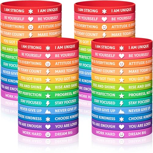 DaikeAion 60pcs Motivational Rubber Bracelets Bulk Friendship Bracelets Colored Inspirational Quotes Wristbands with Positive Affirmations Gifts Rainbow Prizes Incentives Giveaways