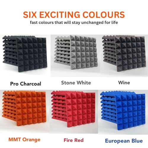 Image of MMT Acoustix 126Pc Pyramid Acoustic Foam, ProStudio Sound Setup, Soundproofing Noise Reduction Acoustic Panels | 1x1Ft 2 inch Thick, Charcoal + Red Color