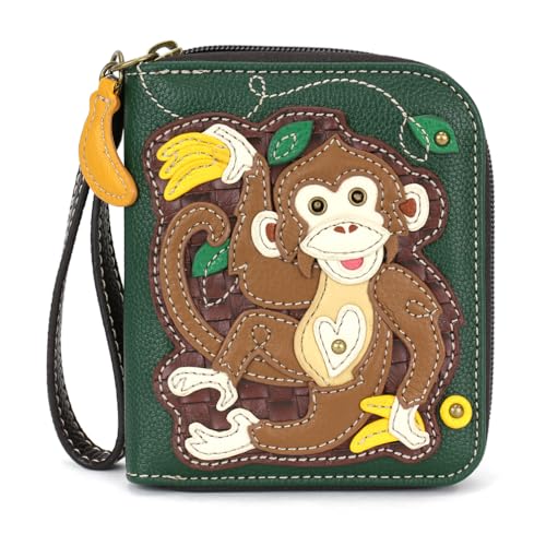 Image of CHALA Zip Around Wallet, Wristlet, 8 Credit Card Slots, Sturdy Pu Leather - Monkey with Bananas - dark green