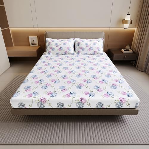 Image of Divine Casa 100% Cotton 144 TC Double Bedsheet with 2 Pillow Covers | Soft Skin Friendly Breathable Bedding Set | Printed Bed Sheet for Bedroom | 222 x 254 cm (Blue Pink, Floral)