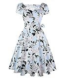 Girstunm Women's Classic Tea Dress Short Sleeve Swing Cocktail Party Dresses with Pockets Blue-White-Flower XL