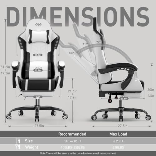 Image of HLDIRECT Gaming Chair, Ergonomic Video Game Seat with 360 Swivel & Lumbar Massage, Computer Chair PU Leather Cushion for Adults Home /Office Use (Black & White)