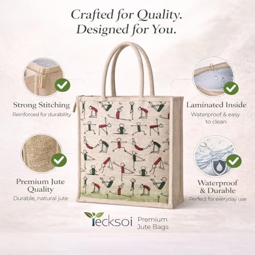 Image of Handbag | Natural Jute Fabric with Zipper Dual Straps | Tote-Bag | Unisex Printed Large Capacity Carry Bag | Pefect For Storage, Travel & Grocery Shopping | Lightweight - Printed (White) | Lightweight