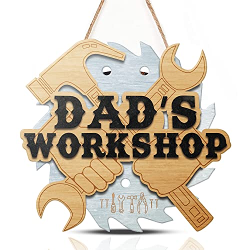 TOARTi Dad’s Workshop Wood Sign for Father’s Day Gift,Vintage Garage Wall Hanging Plaque for Papa,Funny Home Repair Fix Wooden Decorations