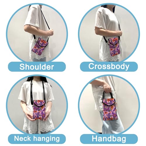 Image of Neoprene Cell Phone Sleeve Pouch Case Bag with Crossbody Strap Neck Lanyard for Women 7.5 X 4.3 in Purple Flower