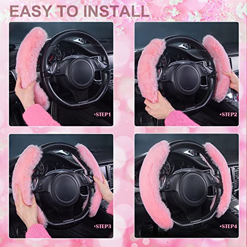 Car Pass Fluffy Steering Wheel Cover, Segmented Pink Fur Wheel Protector Non-Slip Soft Faux Wool Car Accessories, Universal Fit For Winter Warm 14.5" To 16" Steering Wheels For Women Girl, 2Pcs Pink #TOP5
