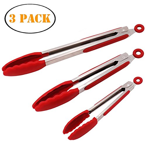 Kitchen Tongs, Set of 3-7, 9, 12 Inch Heavy Duty, Non-stick Silicone, Stainless Steel Locking Kitchen Tongs for Barbeque, Cooking or Grilling