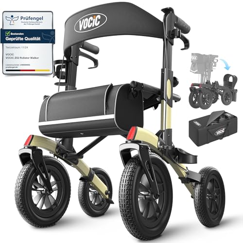 VOCIC Rollator Faltbar und Leicht mit Sitz Outdoor Rollator mit Gummi-Nonluftbereifung für Allen Gelände Aluminium Höhenverstellbare Rollatoren für Draußen&Langlauf&Reisen Champagner(5 Jahre Support)