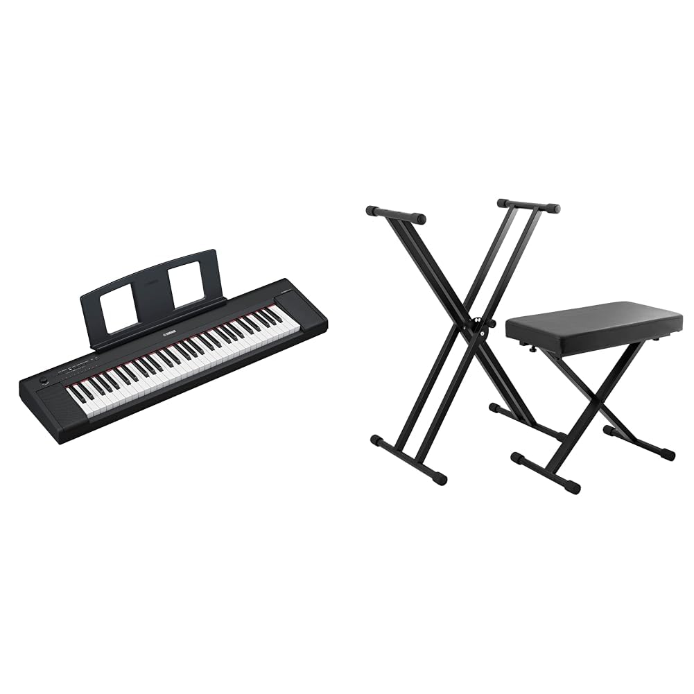 Yamaha NP-15 Piaggero Digital Keyboard & TIGER KAP-PK2 Keyboardständer & Hocker im Pack - Höhenverstellbarer doppelstrebiger X-Frame Keyboardständer & Klavierhocker in einer Packung