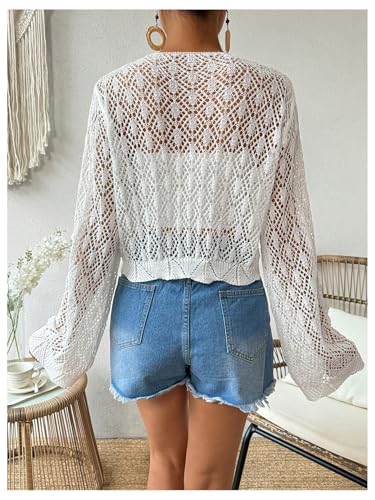 SweatyRocks Women's Tie Front Crop Cardigan Hollow Out Long Sleeve Lightweight Knit Tops2