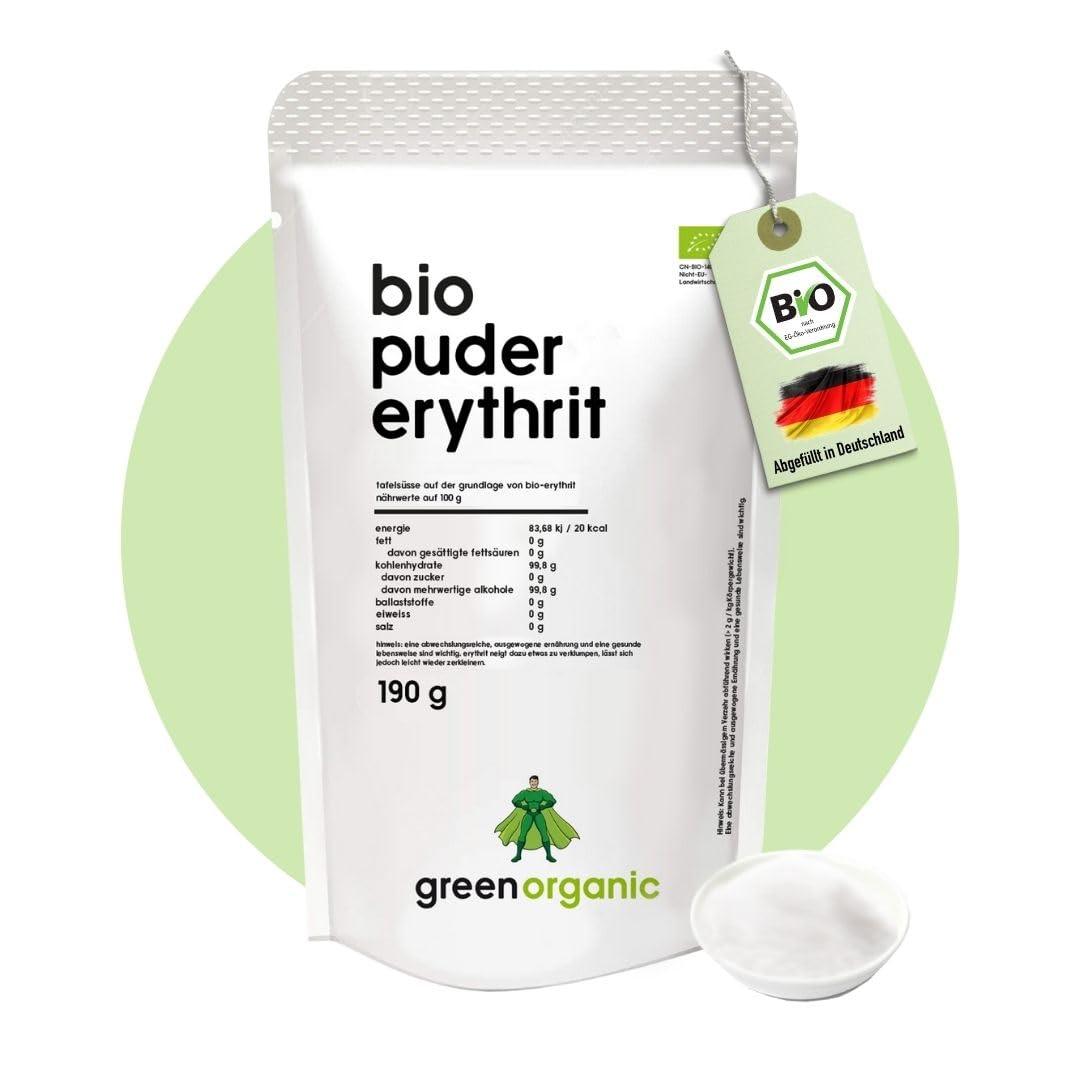 BIO ERYTHRIT-PUDER - lower-carb, Puderzucker-Alternative, kalorienarm, Zuckeralternative für Diät und zum Abnehmen, light, zahn-freundlich, 190 g, GreenOrganic