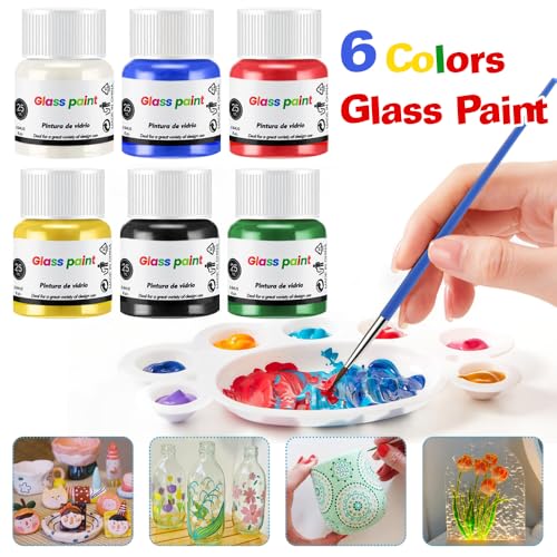 HASAIKA® Glasfarbe Spülmaschinenfest, Glasmalfarbe, Glas und Porzellanfarbe, geeignet für Textilien/Glas/Werbung/Aquarelle, 6 Farben