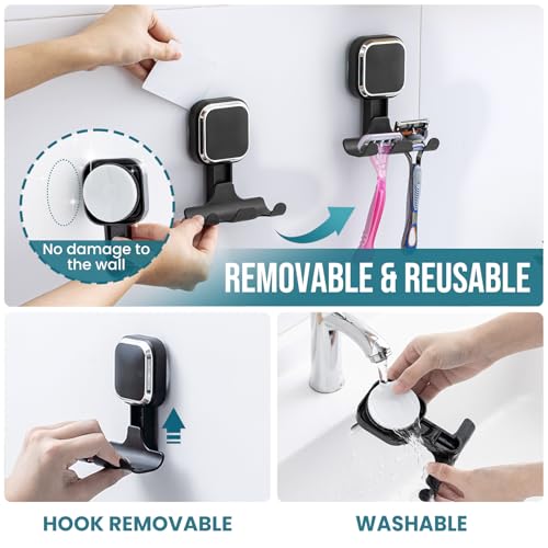Image of TAILI Suction Cup Razor Holder for Shower Wall 2 Pack, Versatile Suction Cup Hooks for Razor, Towel, Loofah, Squeegee, Cell Phone, Removable Damage-Free Hanging Shower Hook, Shaver Holder, Black